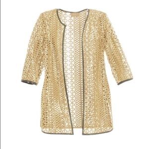 Chico’s Travelers Collection Foiled Open Lace Jacket size 2 (L) green gold